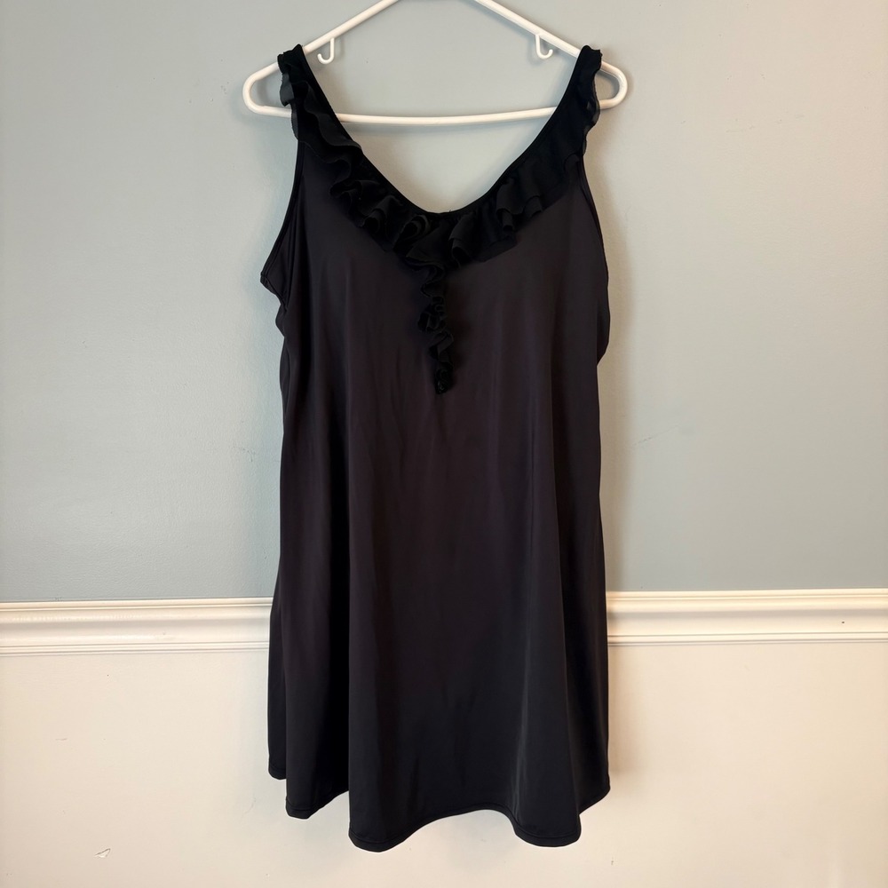 Roamans Swim Black Ruffle V-Neck Swim Dress One Piece Swimsuit Bathing Suit 16W